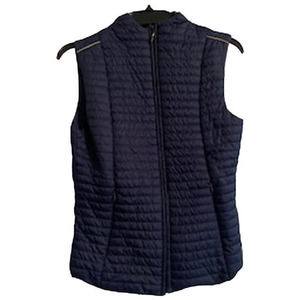 Vintage Adidas Women's Size Small Puffer Vest Navy Blue White Piping Full Zip